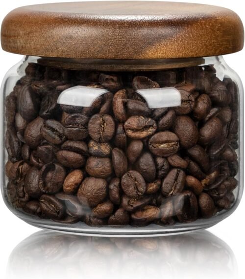 10 oz Small Clear Glass Storage Jar with Airtight Wooden Lid, 300 ml Pantry Canister for Coffee Beans, Rice, Sugar and Other Dry Foods