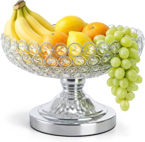 10 Inch Hollow-Carved Crystal Glass Fruit Bowl, Large Silver Decorative Candy Dish with Glass Bead Accents and Non-Slip Pedestal for Home, Kitchen and Wedding Decor