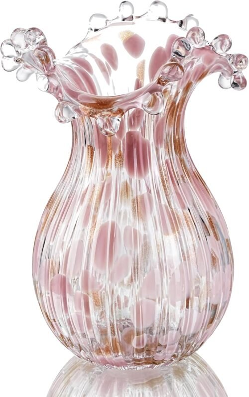 Hand Blown Artistic Glass Flower Vase with Pink Petal Accents, Contemporary Decorative Vase for Tables, Shelves and Home Interiors