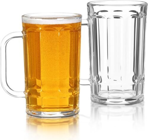 11 oz Clear Glass Beer Mugs with Handles, Set of 2 Freezer-Friendly Beer Stein Cups, Dishwasher-Safe Drinking Glasses