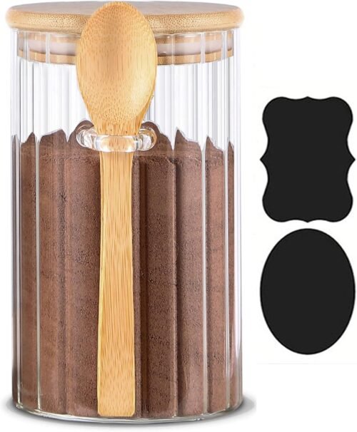 25 oz Airtight Glass Storage Jar with Bamboo Lid and Spoon, Decorative Container for Overnight Oats, Coffee, Tea, Cereal, Nuts, Sugar, Flour and Spices