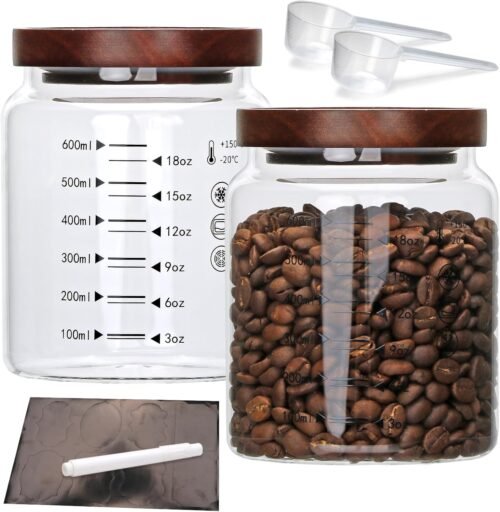 25 oz Airtight Glass Storage Containers with Wooden Lids and Spoons, Set of 2 Kitchen Jars for Tea, Spices, Flour, Coffee Beans, Pasta and Pantry Storage