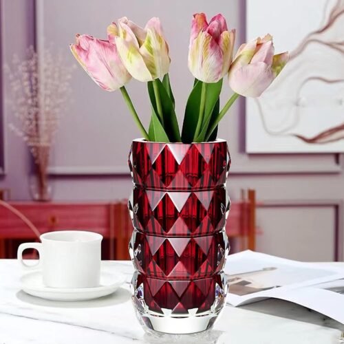 Heavy-Duty Modern Crystal Glass Flower Vase, Handmade Red Round Decorative Vase for Weddings, Parties, Bedrooms, Offices, Living Rooms and Dining Tables