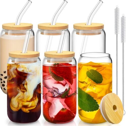 16 oz Glass Drinking Cups with Bamboo Lids and Glass Straws, Set of 6 for Beer, Iced Coffee and Everyday Beverages, Includes Cleaning Brushes