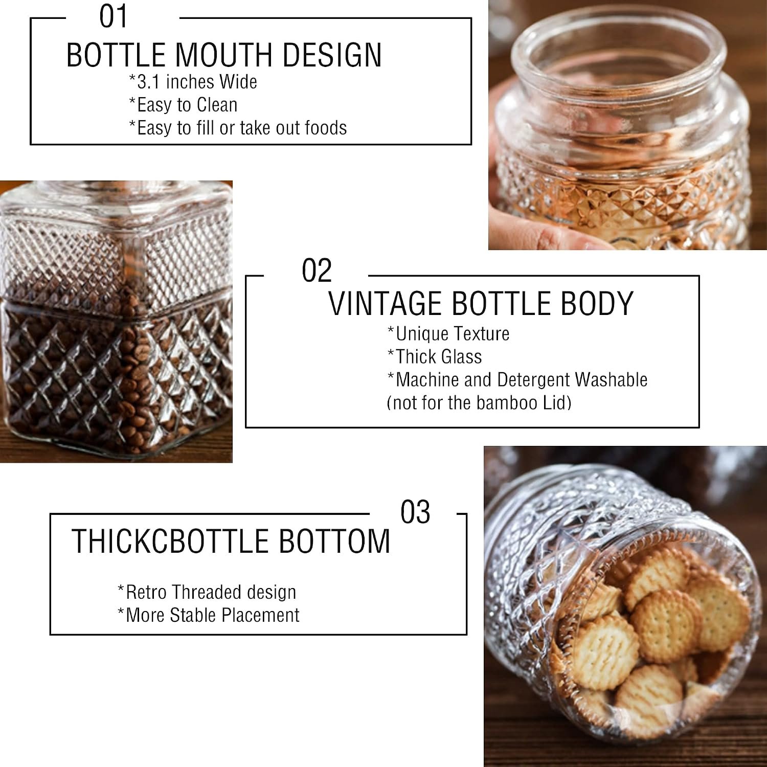 60 oz Large Round Glass Food Storage Jar with Bamboo Lid, Airtight Kitchen Canister for Cereal, Candy, Cookies, Coffee, Tea, Nuts and Snacks - Image 2