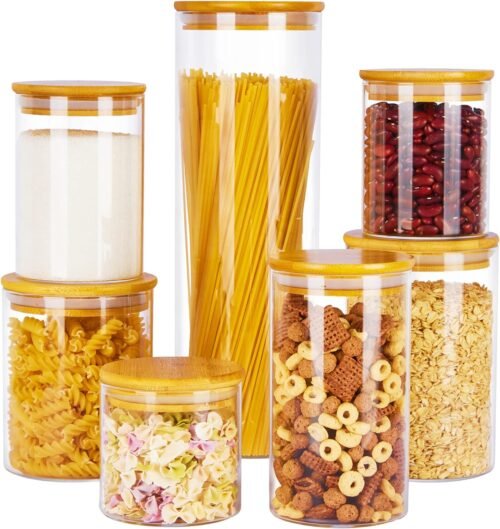 Airtight Glass Food Storage Jars with Bamboo Wooden Lids, 7-Piece Kitchen Canister Set for Pasta, Cookies, Nuts, Coffee Beans, Cereal and Pantry Organization