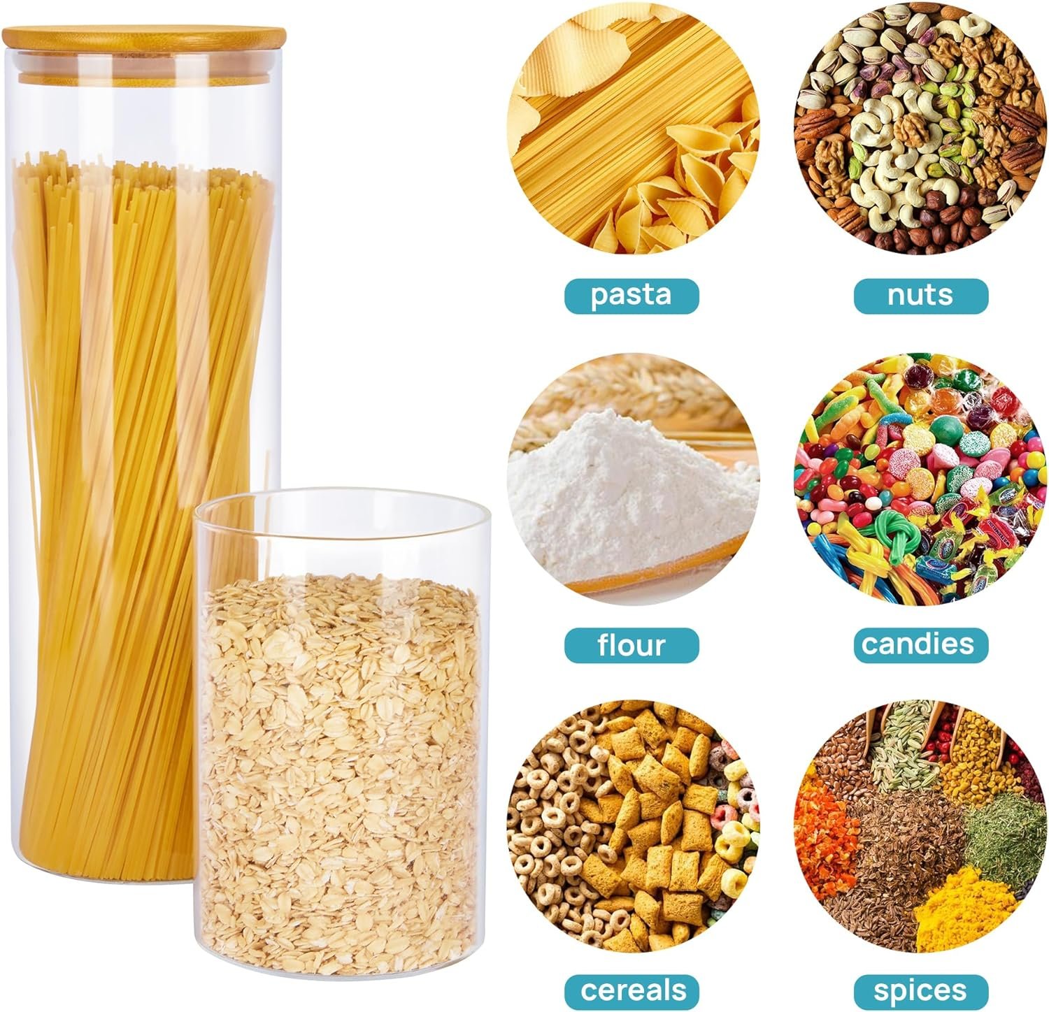 Airtight Glass Food Storage Jars with Bamboo Wooden Lids, 7-Piece Kitchen Canister Set for Pasta, Cookies, Nuts, Coffee Beans, Cereal and Pantry Organization - Image 2