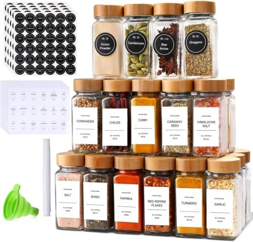 24-Piece Glass Spice Jar Set with Bamboo Lids and Labels, Seasoning Storage Containers for Kitchen Cabinets and Pantry Organization