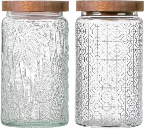 34 oz Vintage Glass Food Storage Jars with Wooden Lids, Set of 2 Airtight Kitchen Containers for Sugar, Coffee, Candy, Spices, Cookies, Tea and Pasta