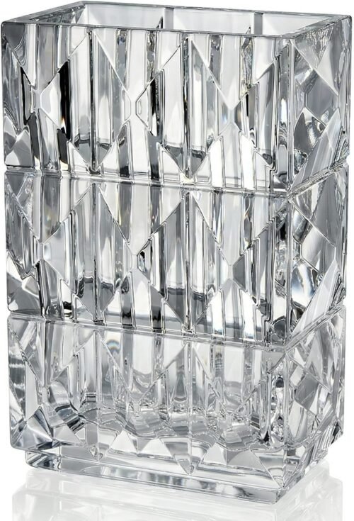 7.88 Inch Clear Geometric Crystal Glass Flower Vase, Heavy 4.4 lb Decorative Centerpiece with Stable Base for Home and Event Decor