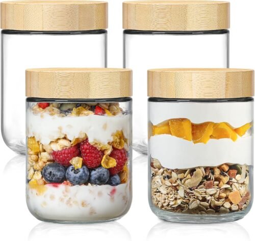 16 oz Glass Storage Jars with Airtight Bamboo Lids, Set of 4 Wide-Mouth Containers for Overnight Oats, Yogurt, Snacks, Spices and Sugar