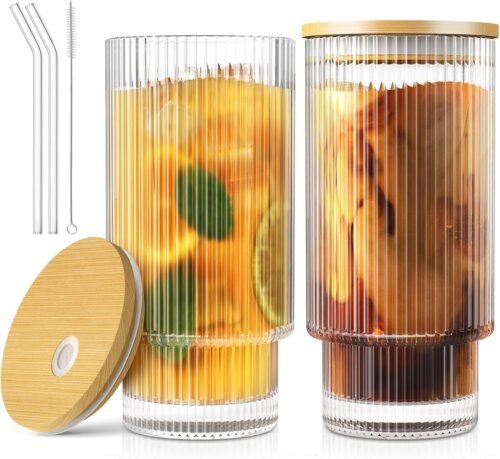 16 oz Vintage Glass Tumblers with Lids and Straws, Set of 2 for Whiskey, Cocktails, Beer and Iced Coffee