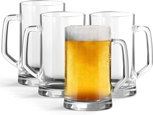 12.7 oz Large Clear Glass Beer Mugs with Handles, Set of 4 Durable Drinking Cups for Beer, Coffee, Tea and Other Beverages