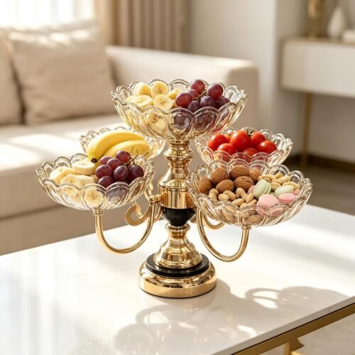 Rotating 5-Bowl Amber Glass Serving Stand, One Large Fixed Bowl with Four Spinning Bowls and Gold-Tone Metal Base for Snacks, Candy, Nuts and Desserts