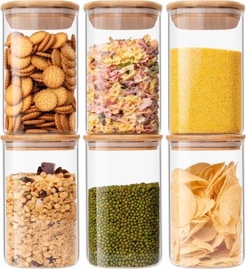 37 oz Clear Glass Food Storage Jars with Bamboo Lids, Set of 6 Airtight Square Canisters for Tea, Coffee, Flour, Sugar, Candy, Cookies and Spices