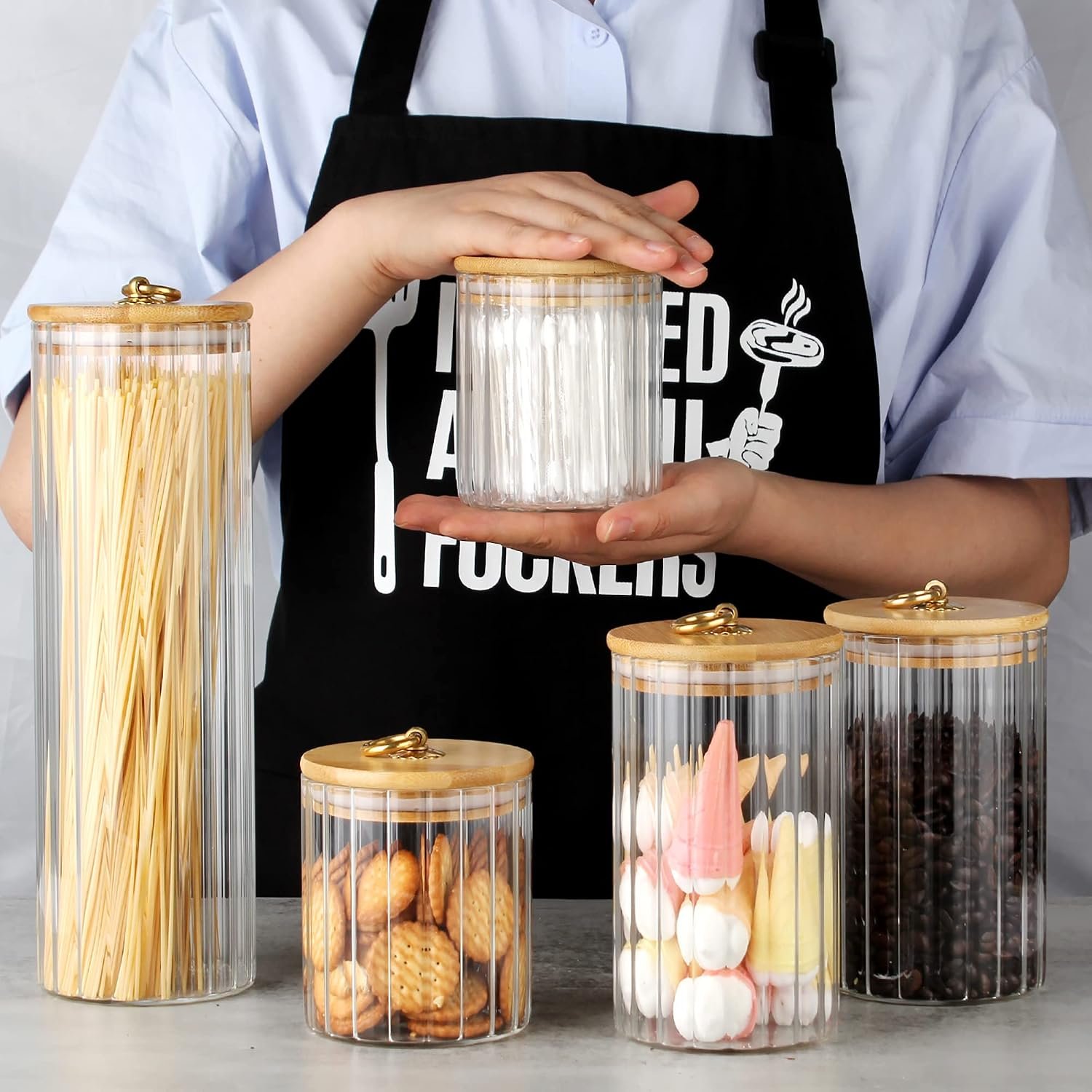 Set of 5 Glass Storage Jars with Airtight Bamboo Lids and Metal Rings, Decorative Containers for Coffee, Candy, Cookies, Pasta, Nuts, Oatmeal and Bathroom Storage - Image 2