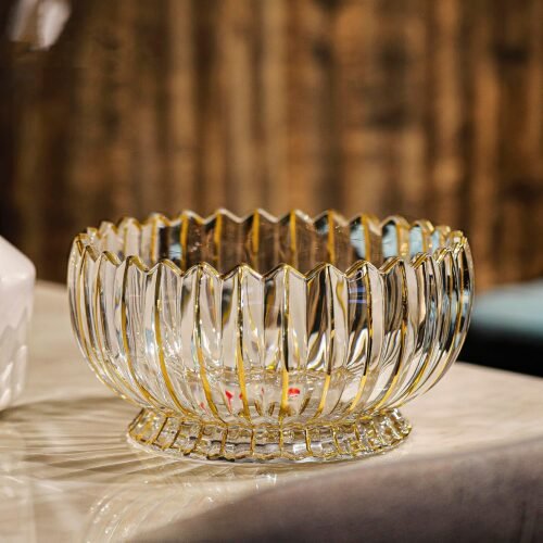 8.7 Inch Hand-Painted Gold Round Crystal Glass Fruit Bowl, Elegant Footed Decorative Dish for Fruit, Candy, Snacks and Home Centerpieces
