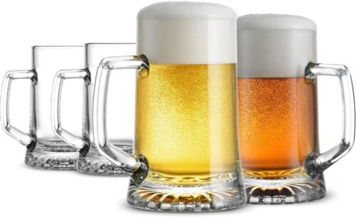 17.25 oz Heavy Glass Beer Steins with Handles, Set of 4 Solid Drinking Mugs for Beer, Coffee, Tea and Cocktails