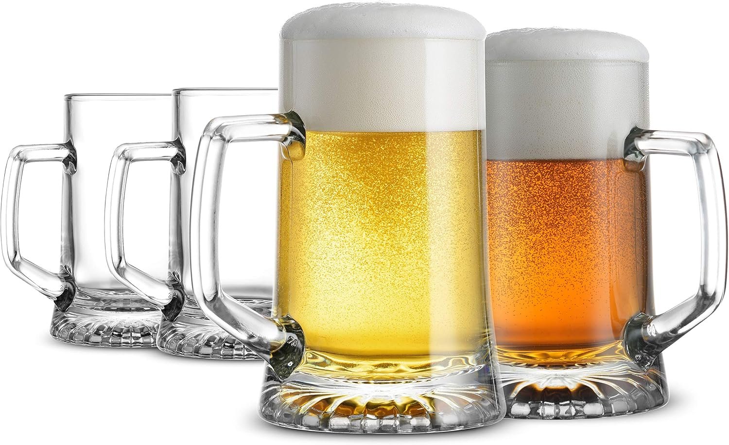 17.25 oz Heavy Glass Beer Steins with Handles, Set of 4 Solid Drinking Mugs for Beer, Coffee, Tea and Cocktails